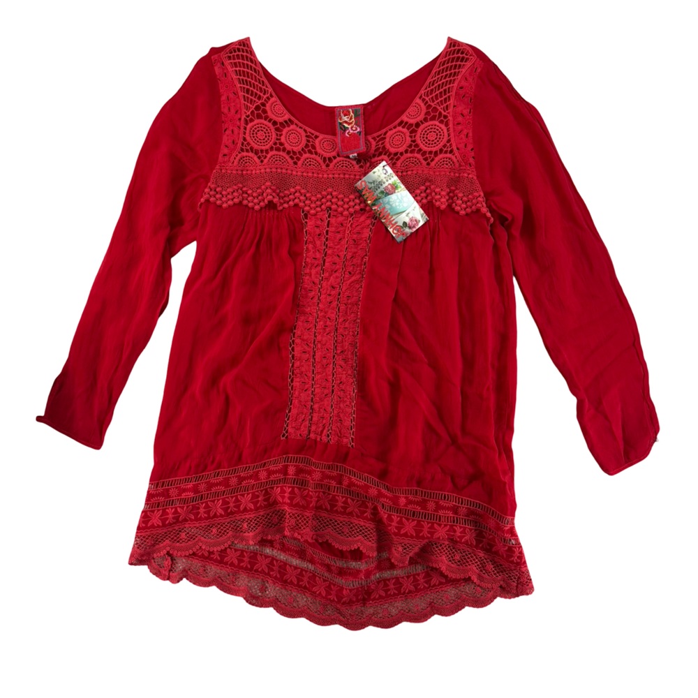 Johnny Was Red Crochet High Low Tunic Dress Medium NWT